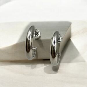 Small Curved Band Earrings Hoop Sleek Shiny Smooth Silver Tone Pierced